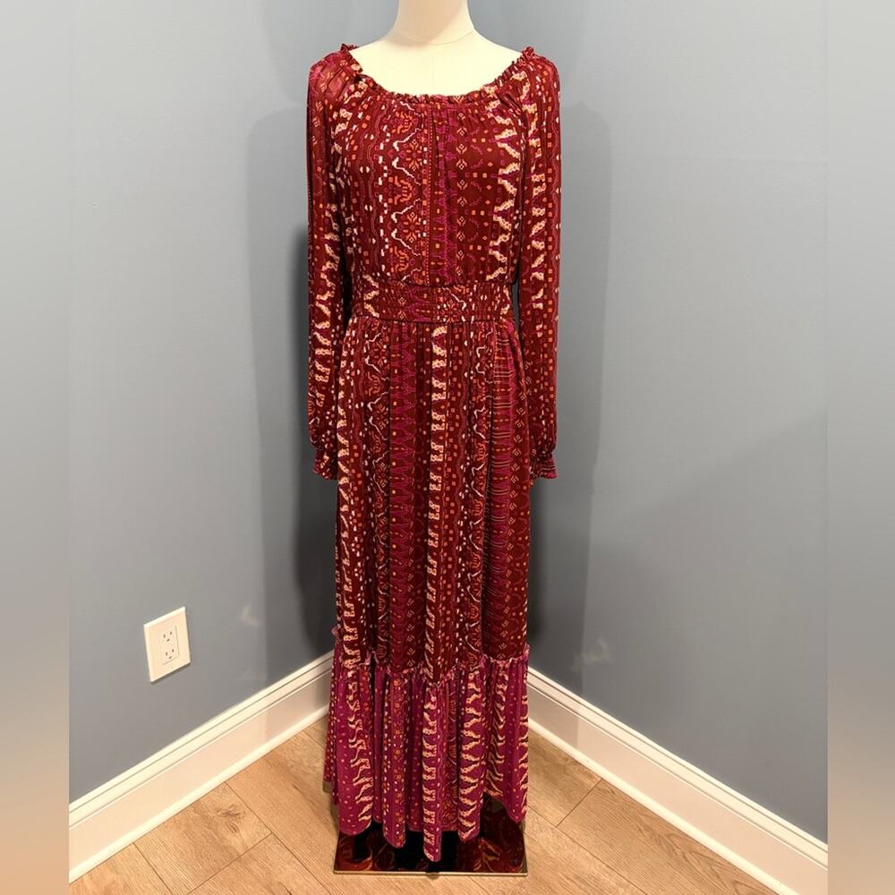 Knox Rose Boho Midi Dress Burgundy Pink Geometric Print Smocked Waist Medium